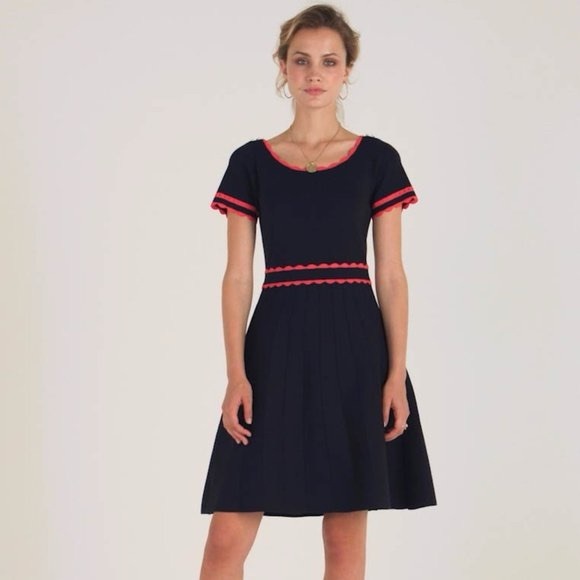 NEW Sandro Enrick Contrast-Trim Pleated Knit Fit & Flare Dress large - Picture 1 of 13